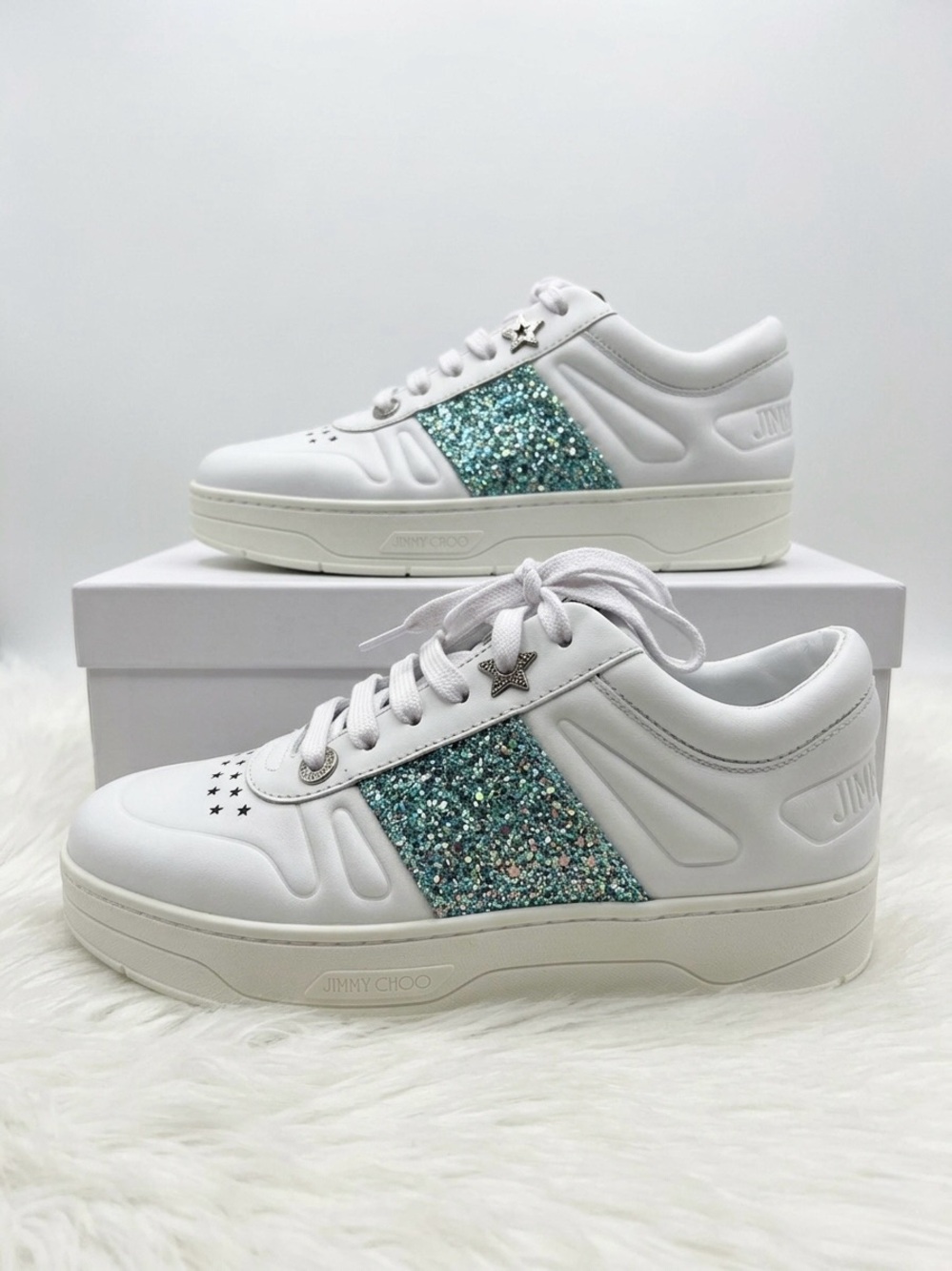 NWT Jimmy Choo White Sneakers with Aqua Glitter Panel